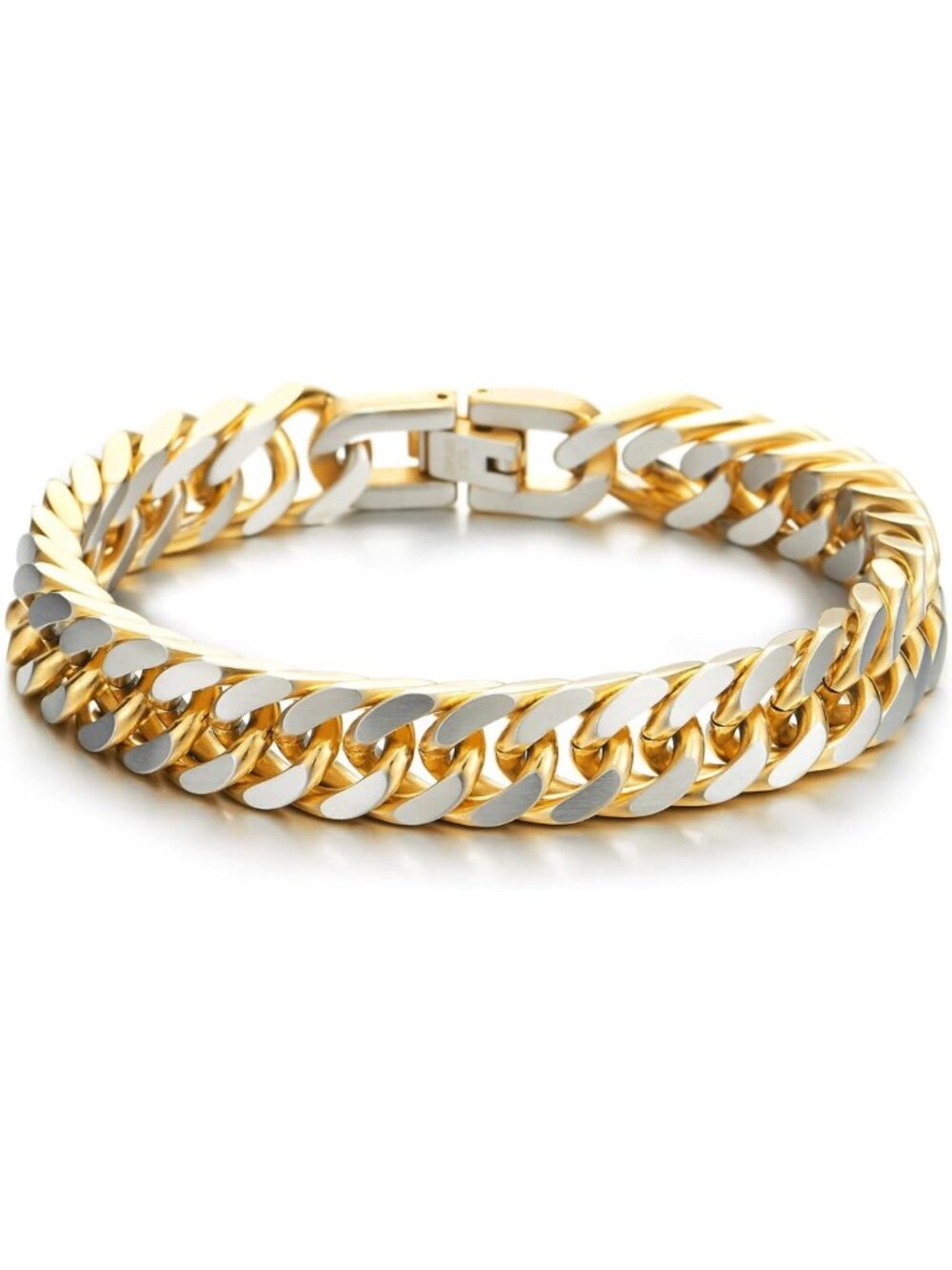 Men's Two-Tone Stainless Steel Curb Chain Bangle Bracelet - Satin Finish